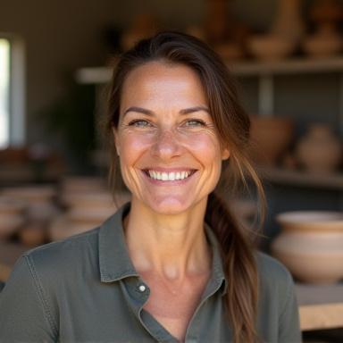 Portrait souriant de Céline, une céramiste, devant son tour avec des pièces en argile.